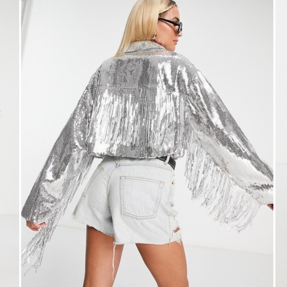 Zara NWT Silver Sequin Cropped Fringe Jacket Size L/XL